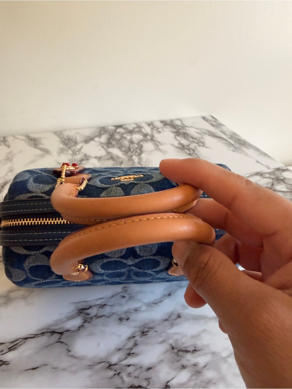 Coach Blue Denim Signature Mini Satchel with Tan Leather Trim - Picture 3 of 7